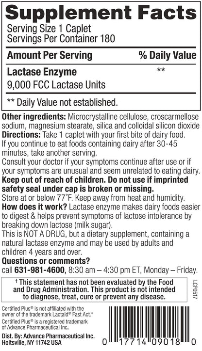Kirkland Fast Acting Lactase 9000 FCC units bottle label showing ingredient details
