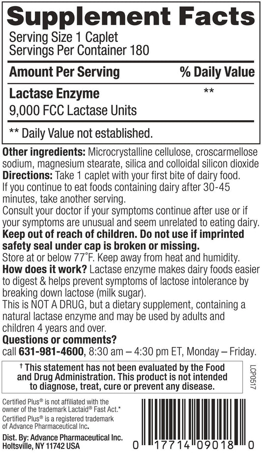 Kirkland Fast Acting Lactase 9000 FCC units bottle label showing ingredient details