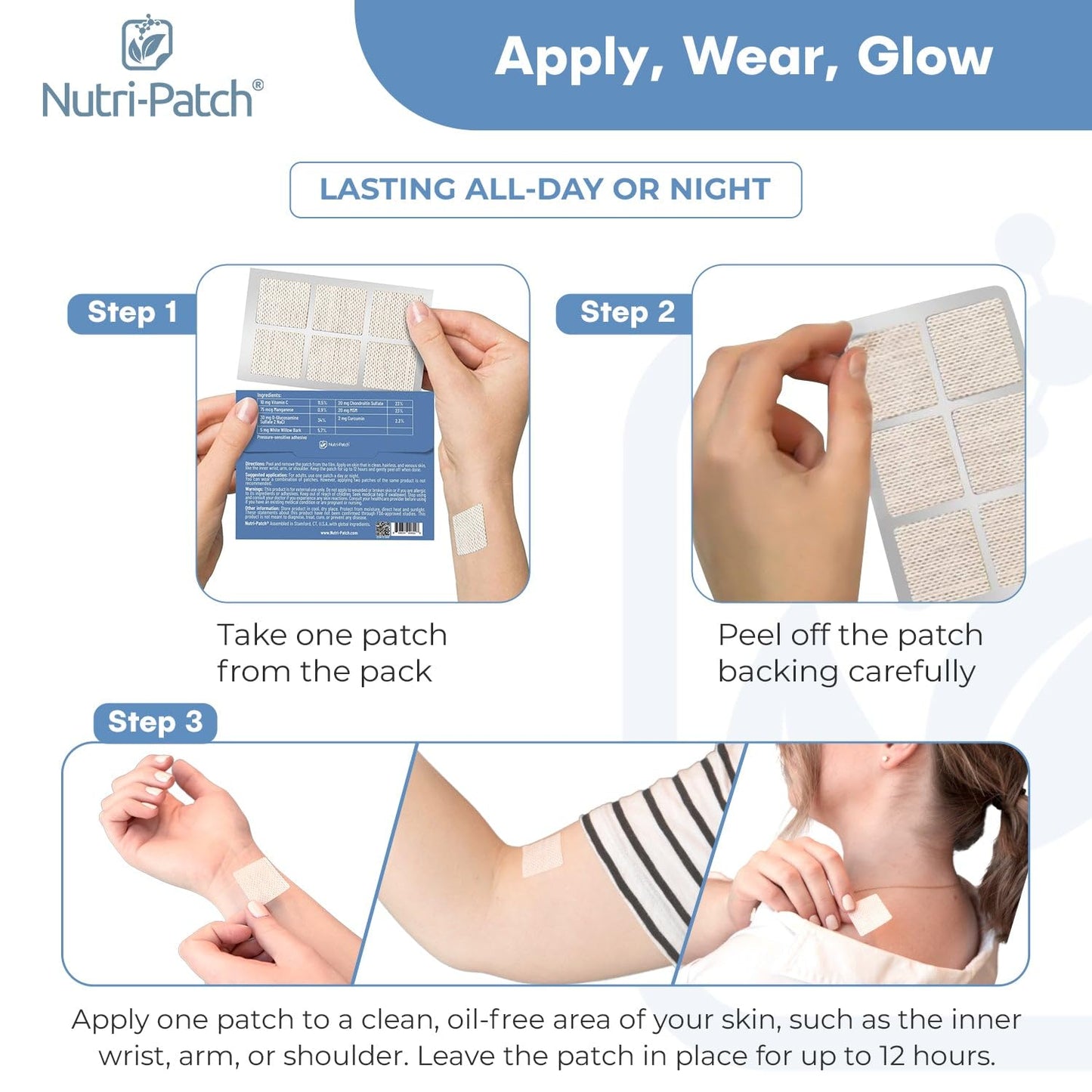 Nutri-Patch transdermal patch packaging displaying the complete supplement facts and clean ingredients list.