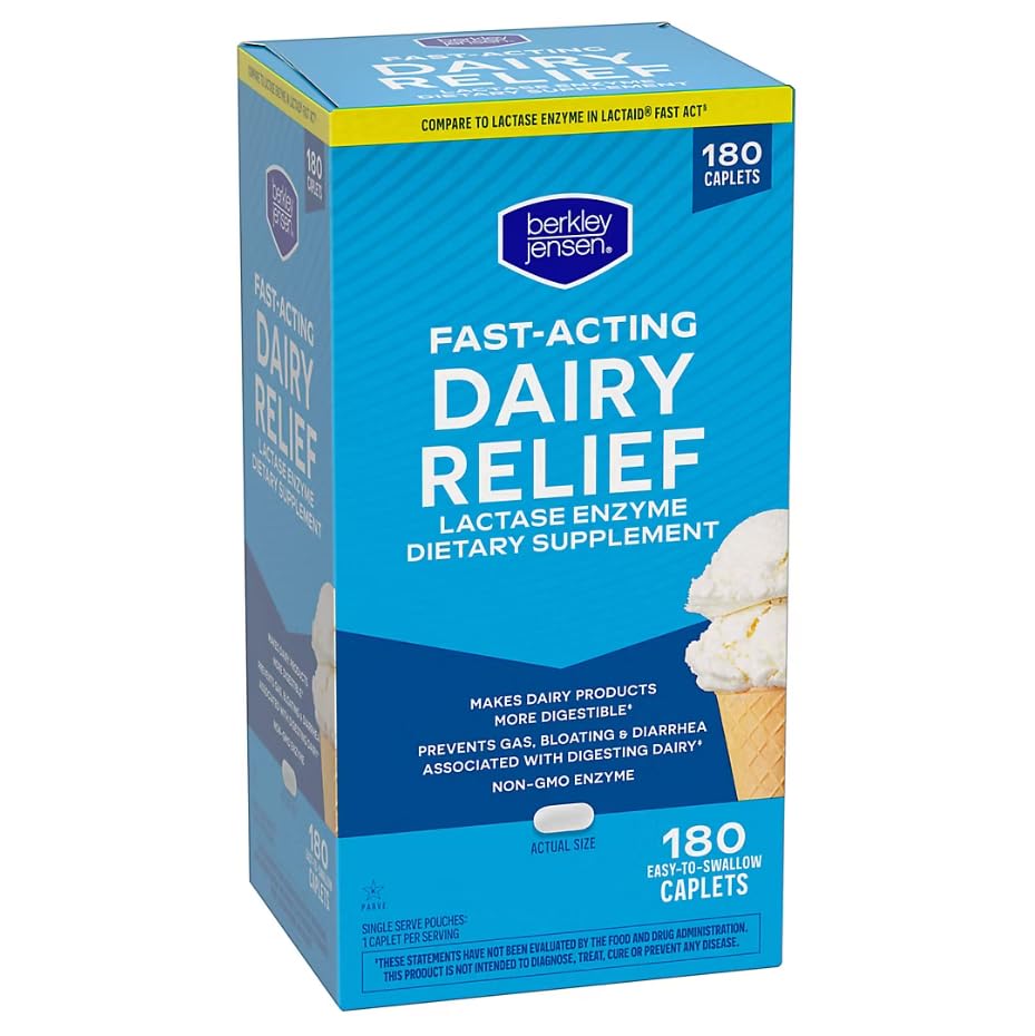 Berkley Jensen natural dairy relief 9000 FCC lactase enzyme supplement bottle showing directions for lactose intolerance