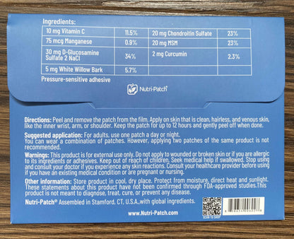 Nutri-Patch premium topical patch containing glucosamine MSM and chondroitin for healthy response to inflammation.