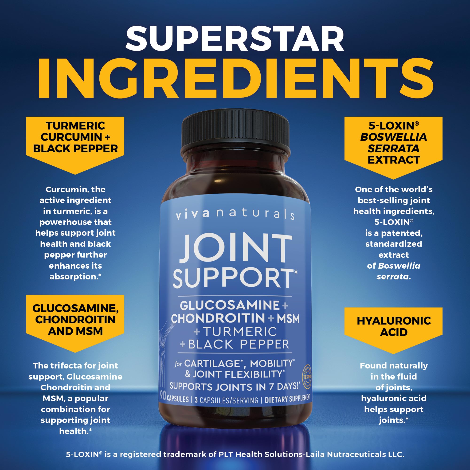 Viva Naturals Joint Support Supplement side panel showing supplement ingredients list