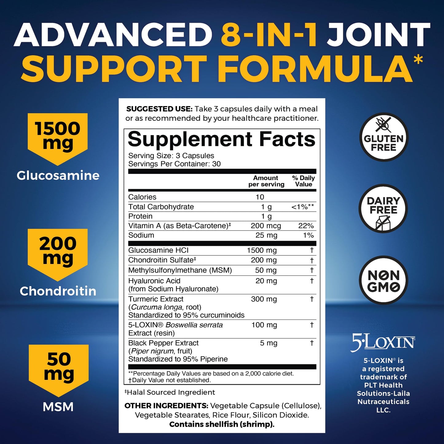 Viva Naturals Glucosamine Chondroitin capsule size and recommended daily serving detail