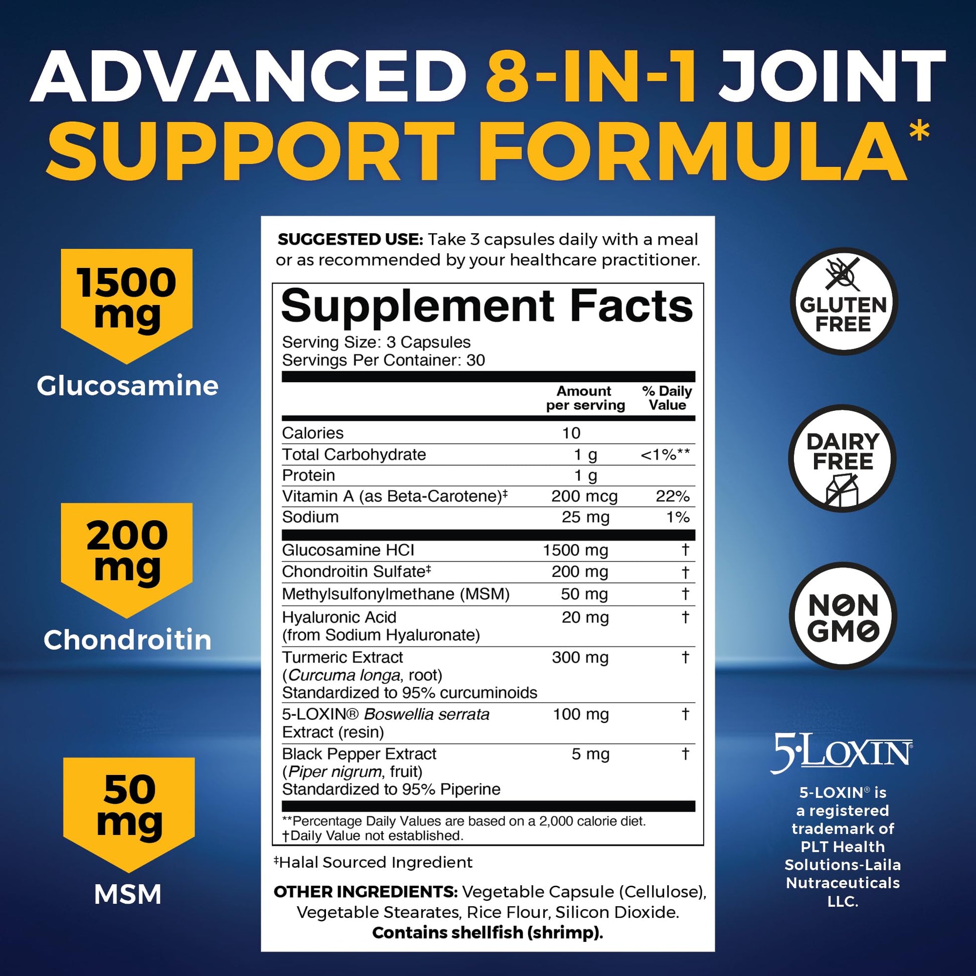 Viva Naturals Glucosamine Chondroitin capsule size and recommended daily serving detail