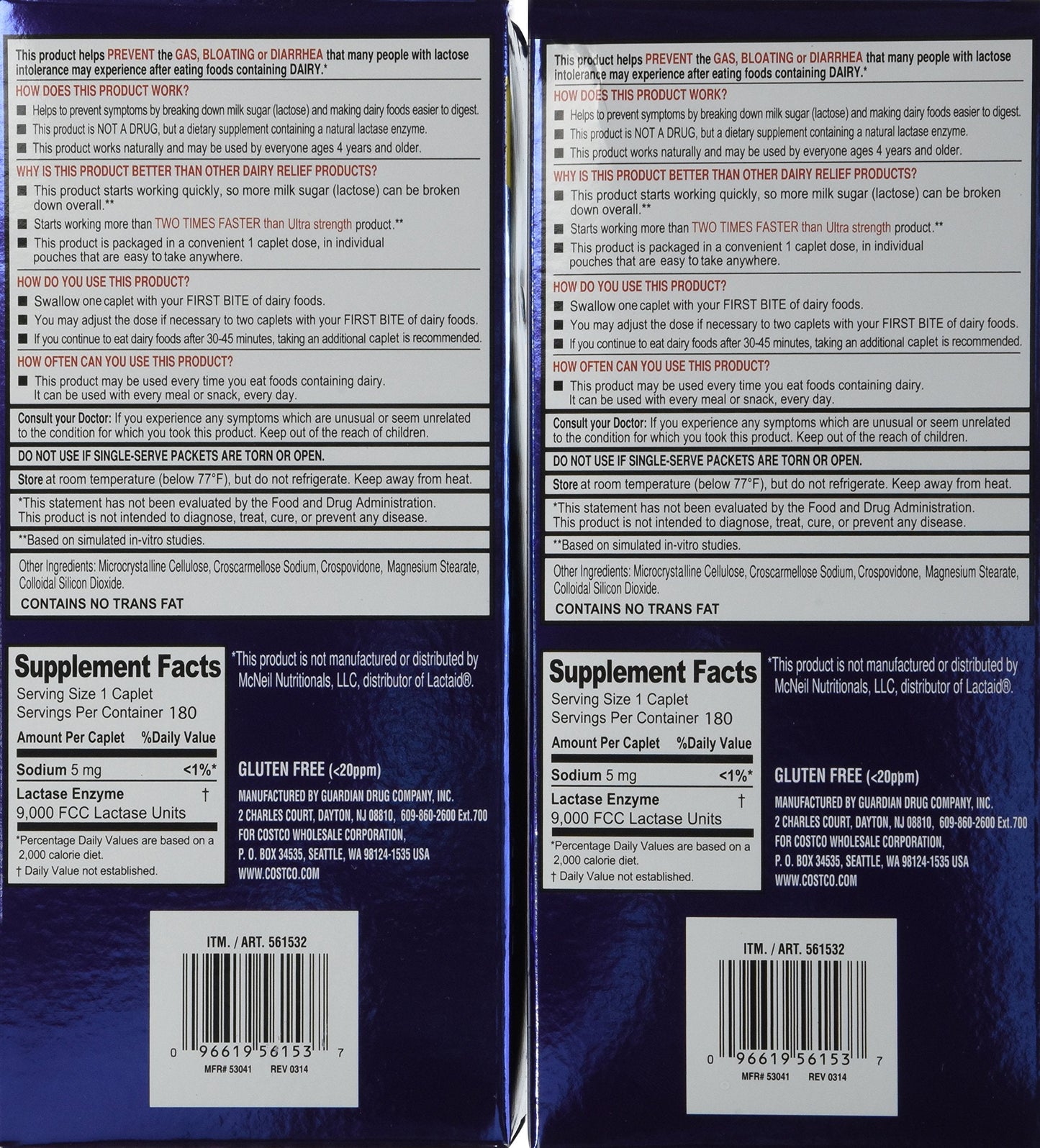 Kirkland Signature dairy digestion 360 caplets bottle label showing directions and ingredients