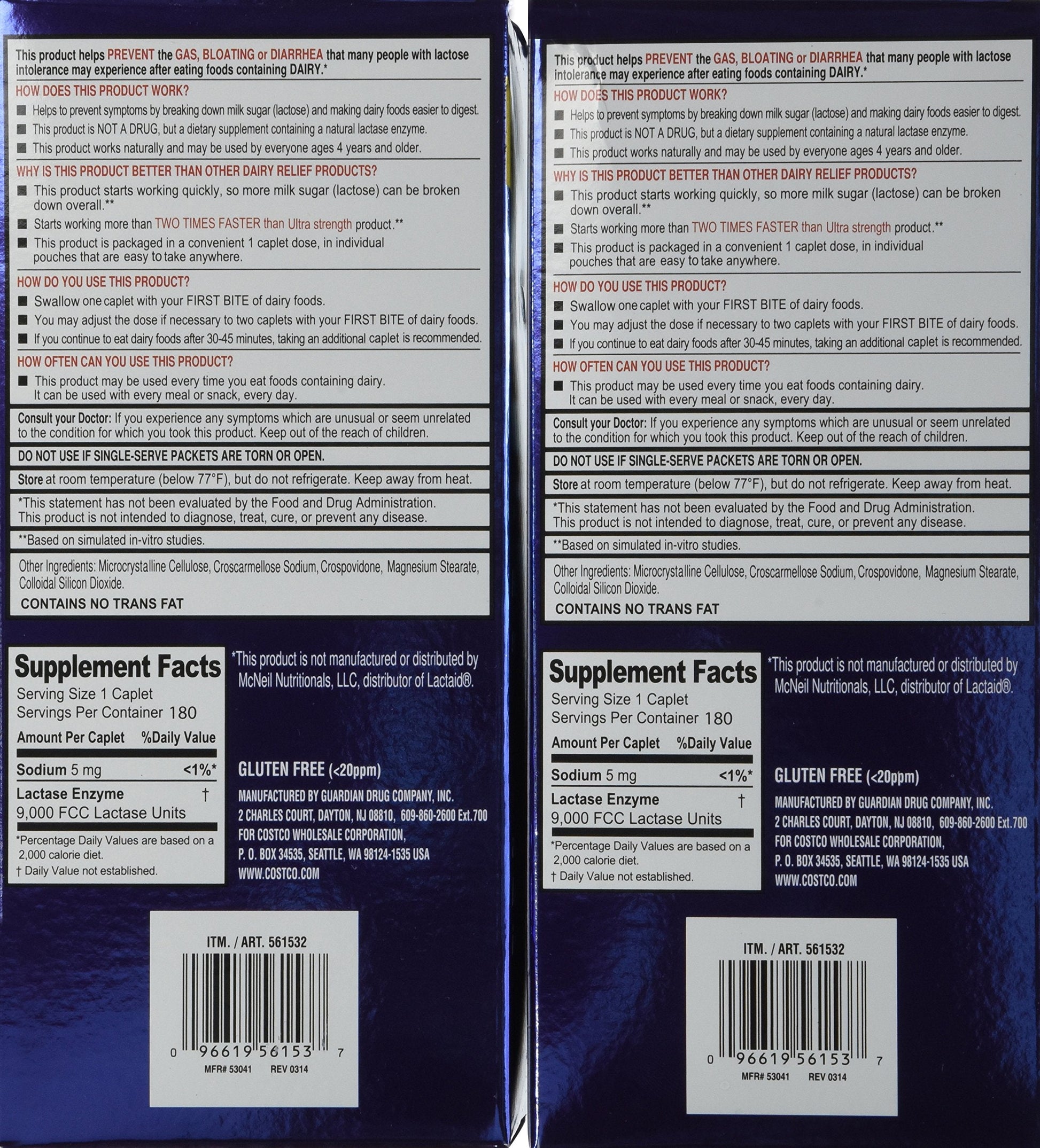 Kirkland Signature dairy digestion 360 caplets bottle label showing directions and ingredients
