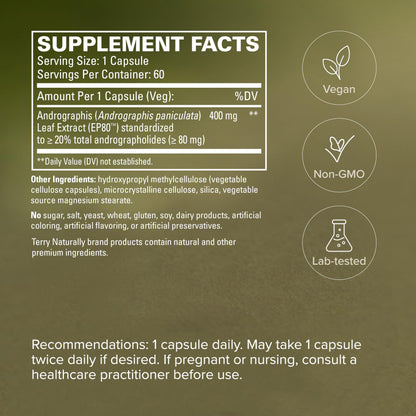 Back label view of Terry Naturally Andrographis EP80 400 mg dietary supplement showing allergen-free status.