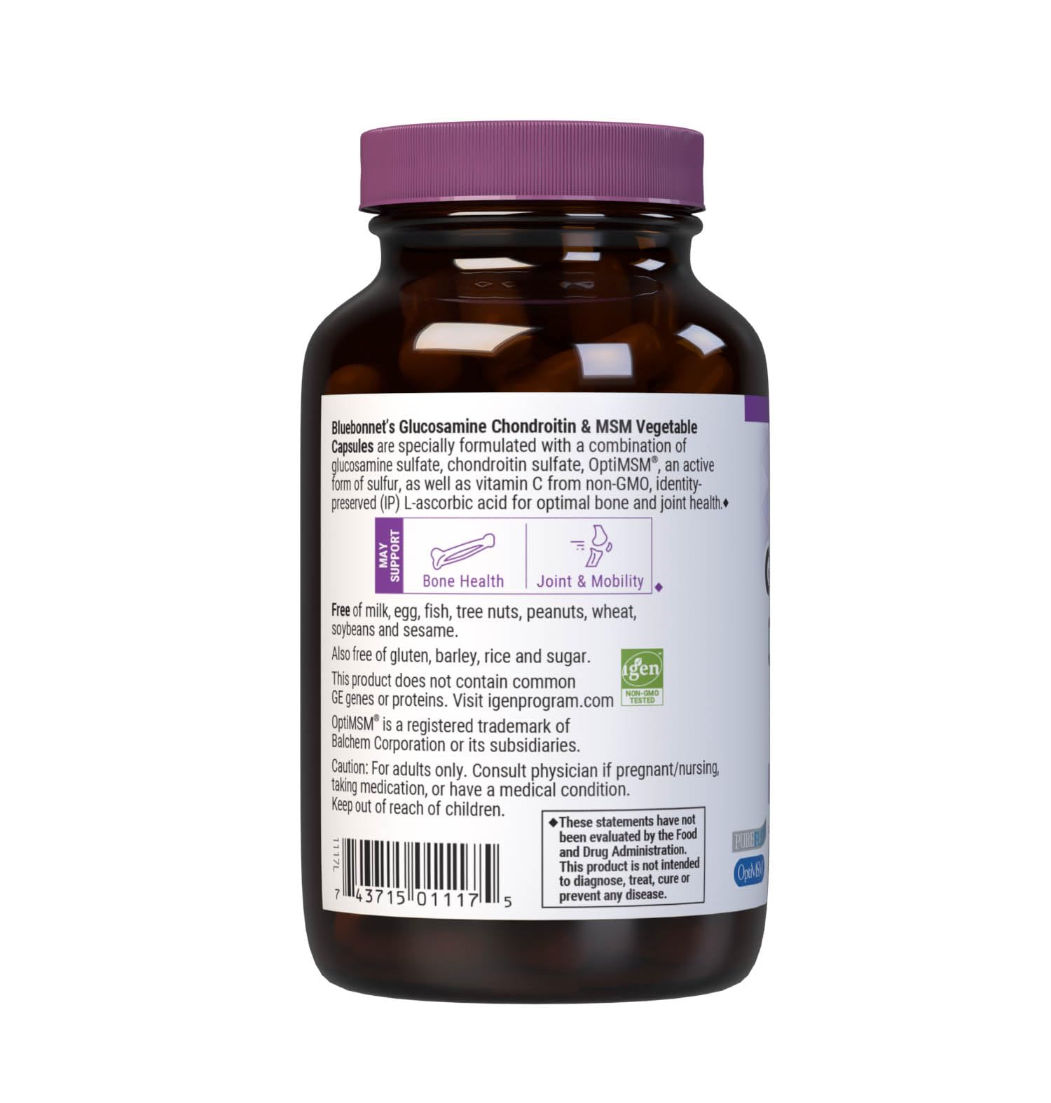 Bluebonnet Glucosamine Chondroitin and OptiMSM allergen free capsules detailed ingredient list label