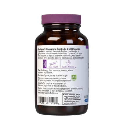 Bluebonnet Glucosamine Chondroitin and OptiMSM allergen free capsules detailed ingredient list label
