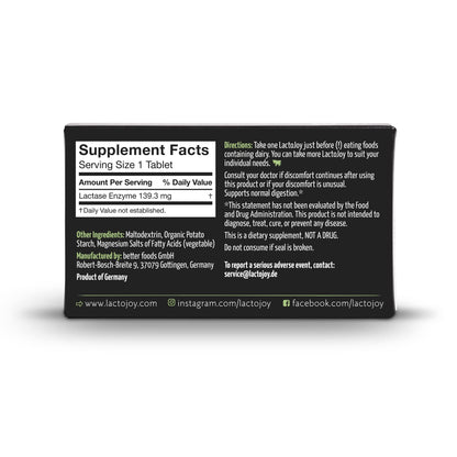 LactoJoy 14500 FCC digestive enzyme pills for dairy sugar breakdown.