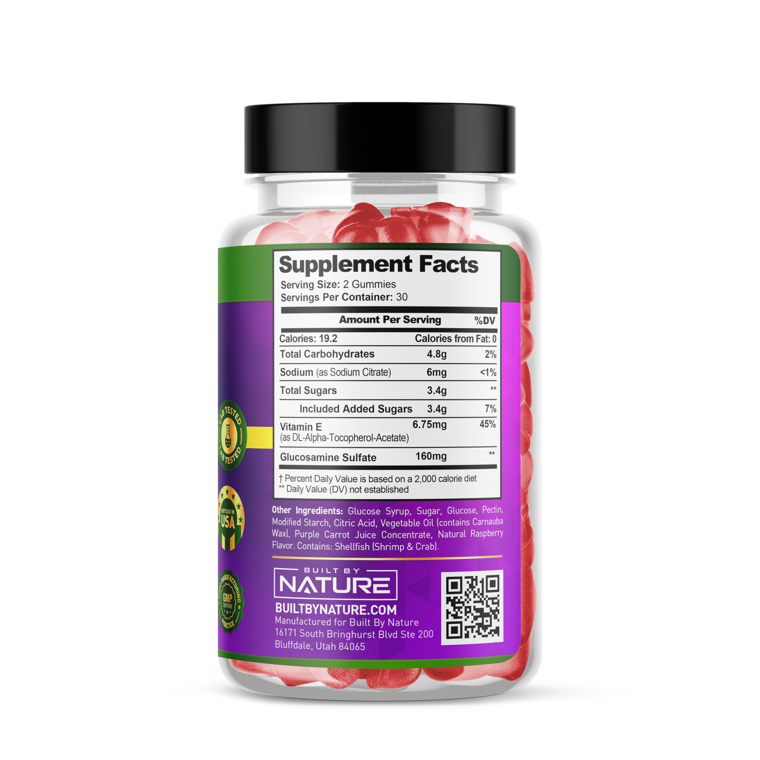 Side label of Built By Nature raspberry flavor chewable joint supplement showing directions