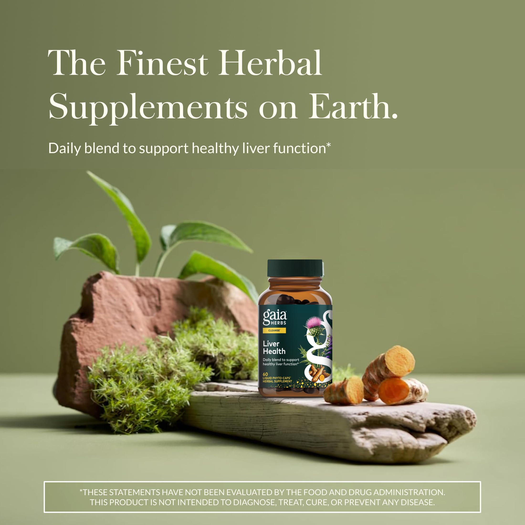 Side angle view of Gaia Herbs Liver Health supplement showcasing premium USA imported packaging.