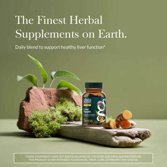 Side angle view of Gaia Herbs Liver Health supplement showcasing premium USA imported packaging.