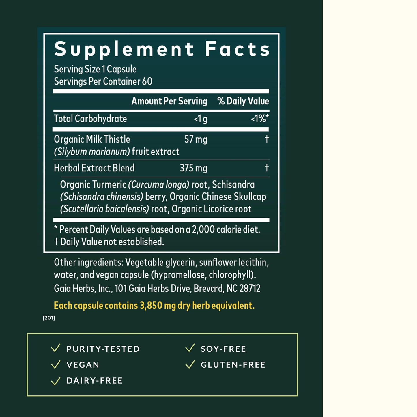 Back label of Gaia Herbs Liver supplement detailing organic milk thistle and turmeric ingredients.