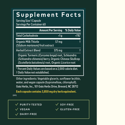 Back label of Gaia Herbs Liver supplement detailing organic milk thistle and turmeric ingredients.