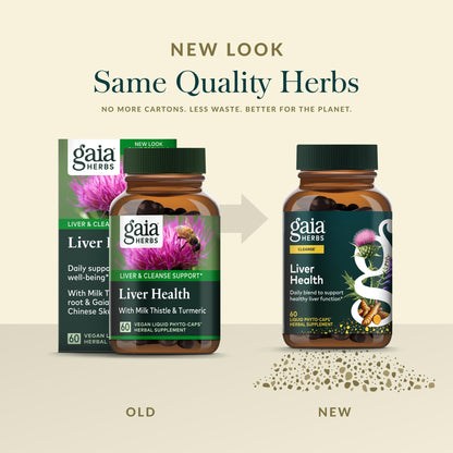 Authentic Gaia Herbs milk thistle and turmeric root bottle displayed on a clean wellness background.