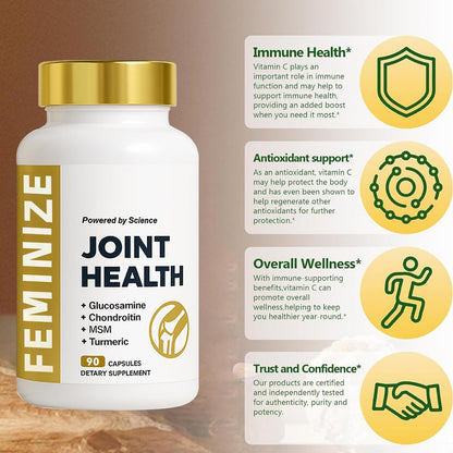 Feminize advanced glucosamine and MSM supplement standing upright on a clean surface