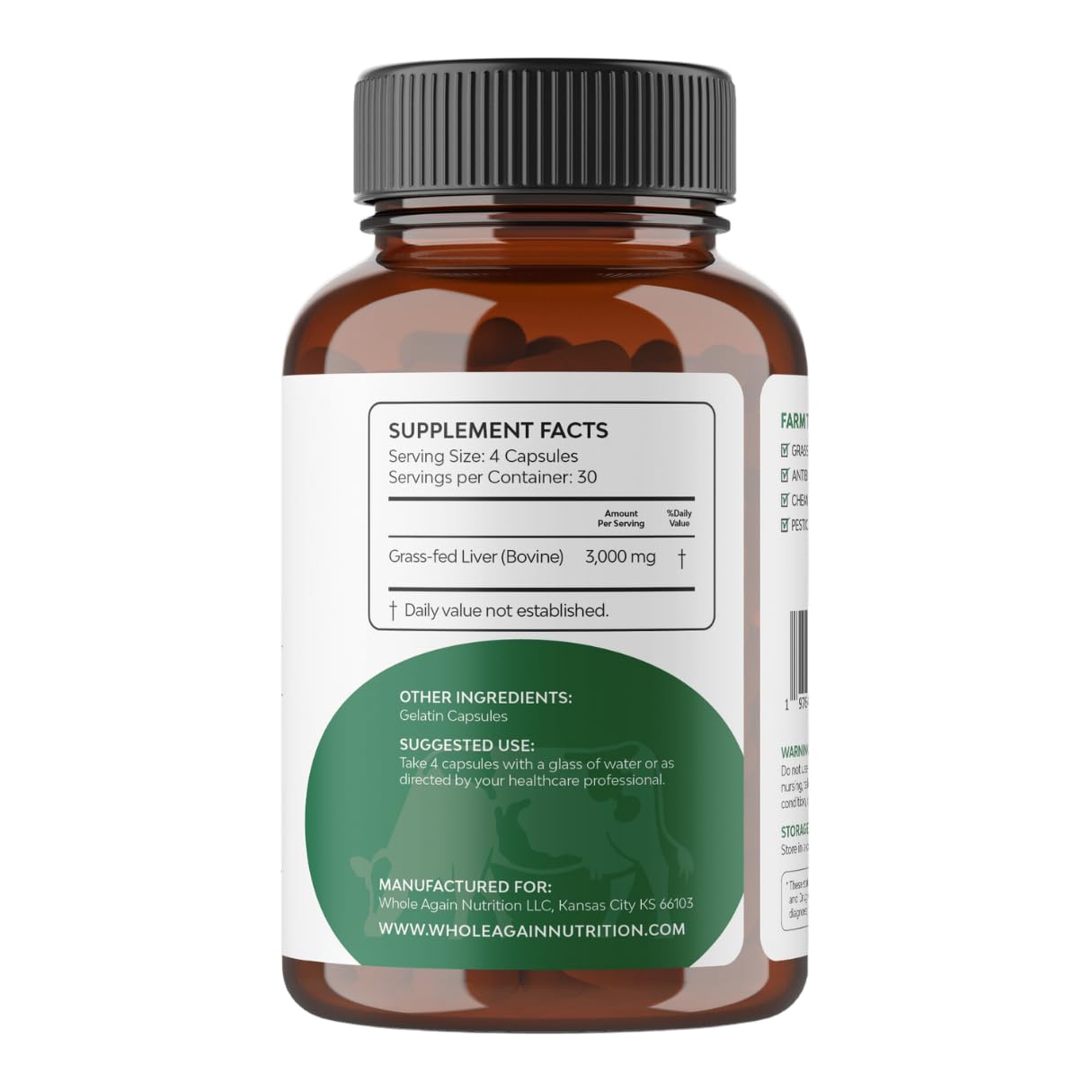 Whole Again Nutrition desiccated beef liver supplement 3000mg serving facts label detailing iron and vitamin B12 content.