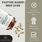 Whole Again Grass Fed Beef Liver 120 count bottle nutritional panel