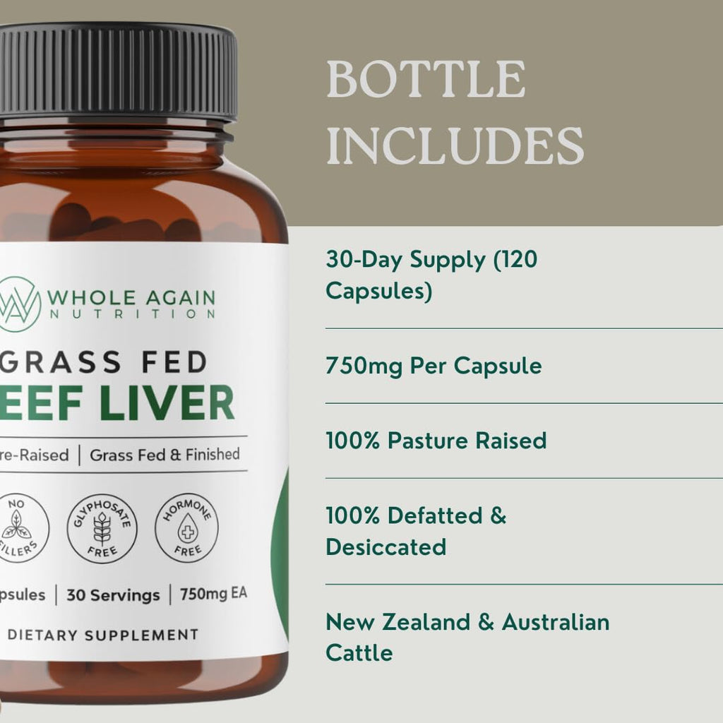 Whole Again Nutrition beef liver supplement capsules close up shot