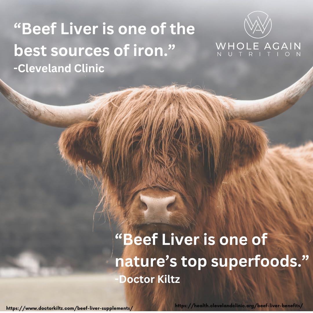 Side view of Whole Again Nutrition grass fed beef liver packaging emphasizing the freeze dried nutrient preservation process.
