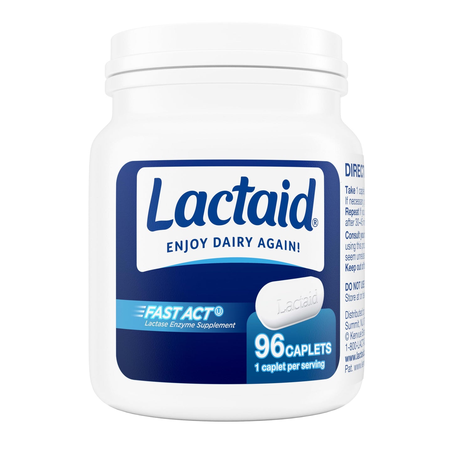 Lactaid lactase enzyme pills side view displaying directions and dosage instructions