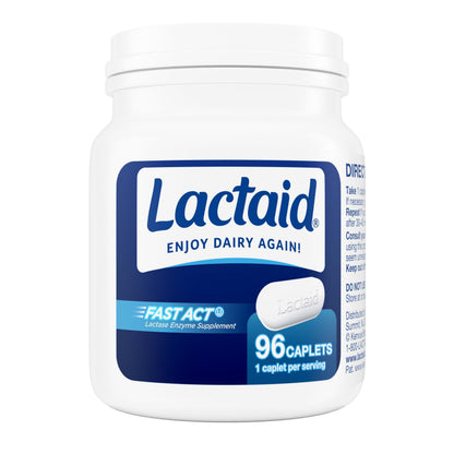 Lactaid lactase enzyme pills side view displaying directions and dosage instructions