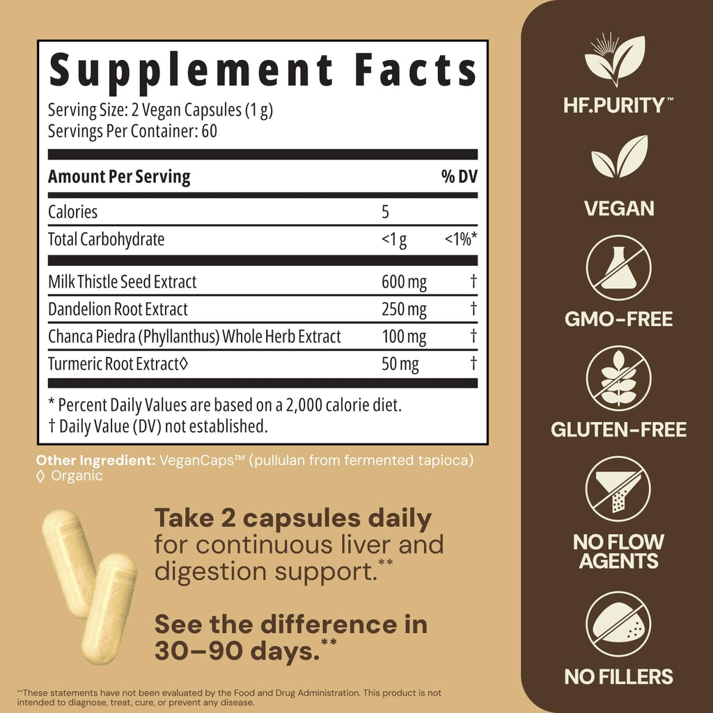 HealthForce SuperFoods Liver Rescue product bottle next to certified vegan and gluten-free seals.
