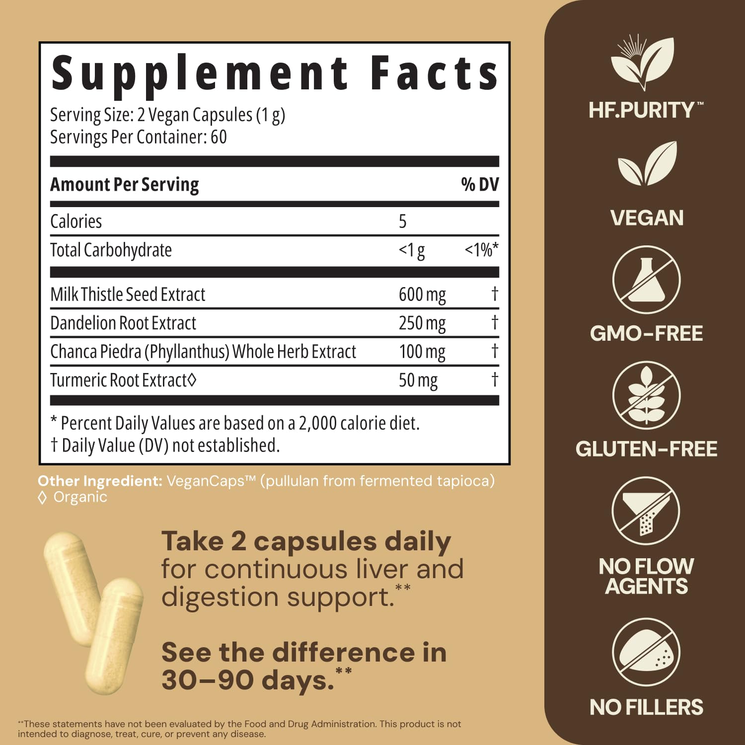Certified vegan and gluten free TruGanic seals on the back label of Liver Rescue