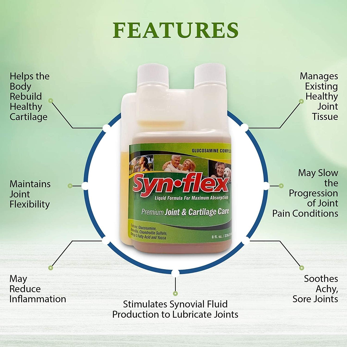 Synflex liquid glucosamine 1250 mg joint health supplement showing secure seal and cap