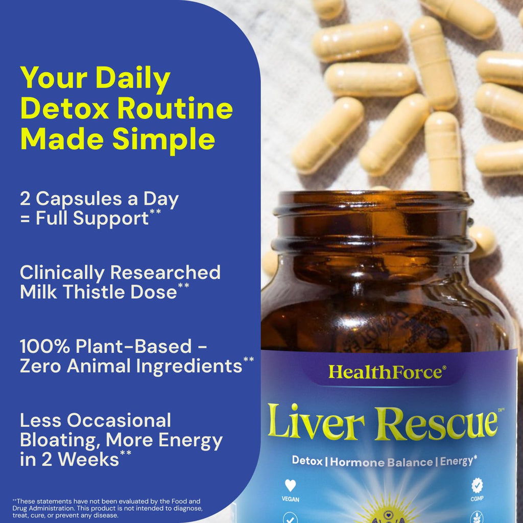 HealthForce SuperFoods Liver Rescue lifestyle product display highlighting natural herbal ingredients.