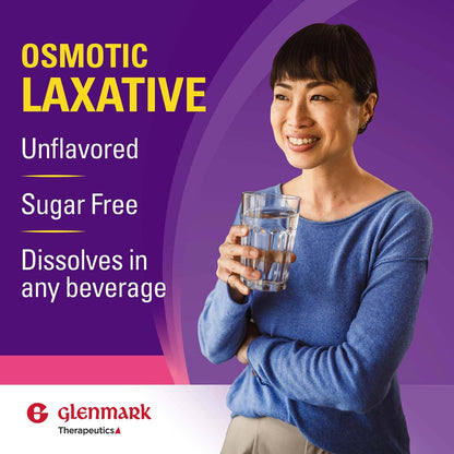 Back of Glenmark Therapeutics Polyethylene Glycol 3350 bottle showing instructions