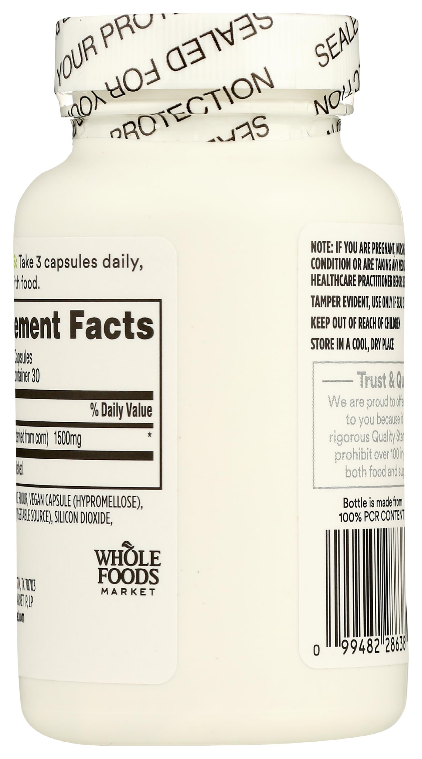 Side label of Whole Foods plant-based glucosamine supplement displaying the 1500mg serving facts and ingredients.