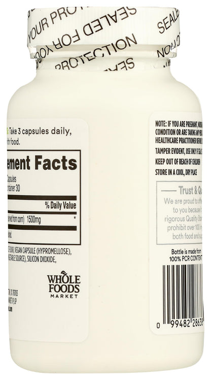 Side label of Whole Foods plant-based glucosamine supplement displaying the 1500mg serving facts and ingredients.
