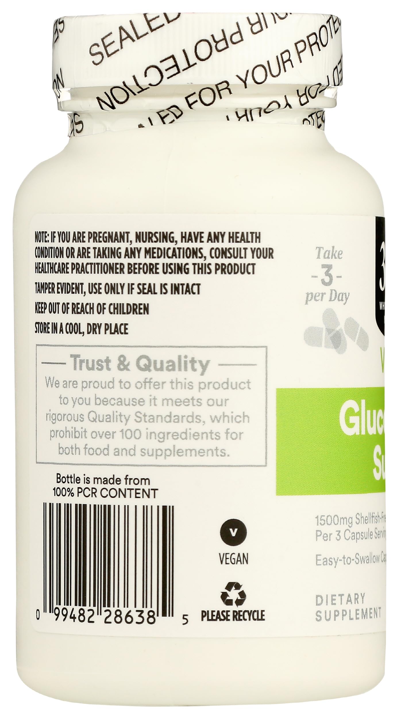 Close-up of the easy-to-swallow 365 brand joint health supplement packaging detailing shellfish-free specifications.