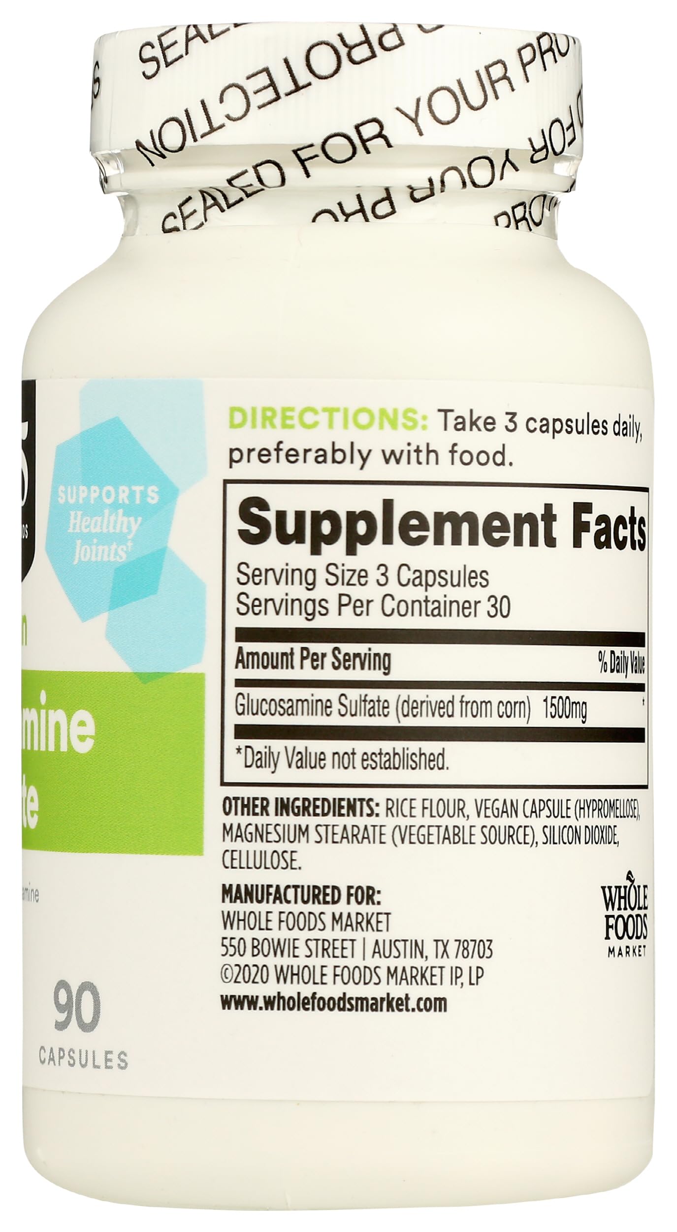 Back label view of non-animal source glucosamine capsules showcasing product safety and storage instructions.
