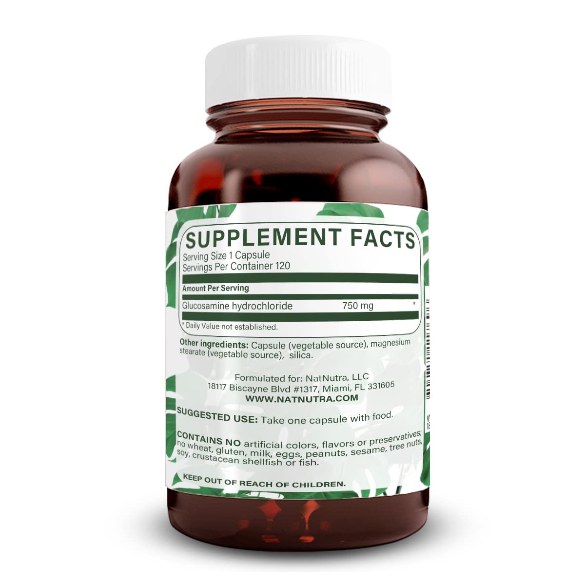 Natural Nutraceuticals plant based shellfish free glucosamine capsule bottle label details.