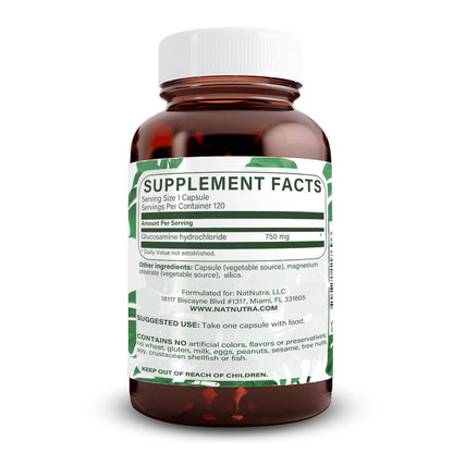 Natural Nutraceuticals plant based shellfish free glucosamine capsule bottle label details.