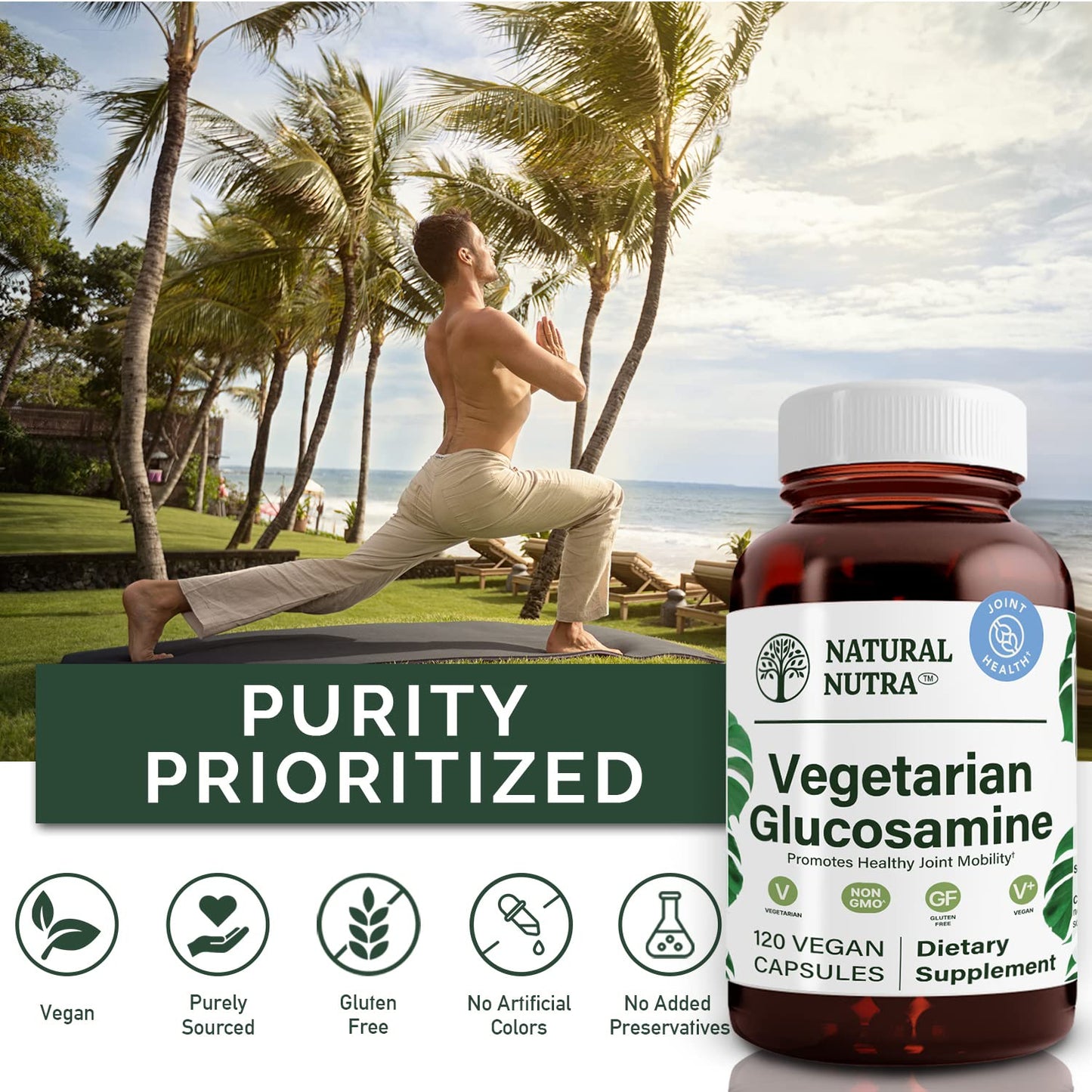 Authentic USA imported vegan joint health supplement in premium amber glass bottle.