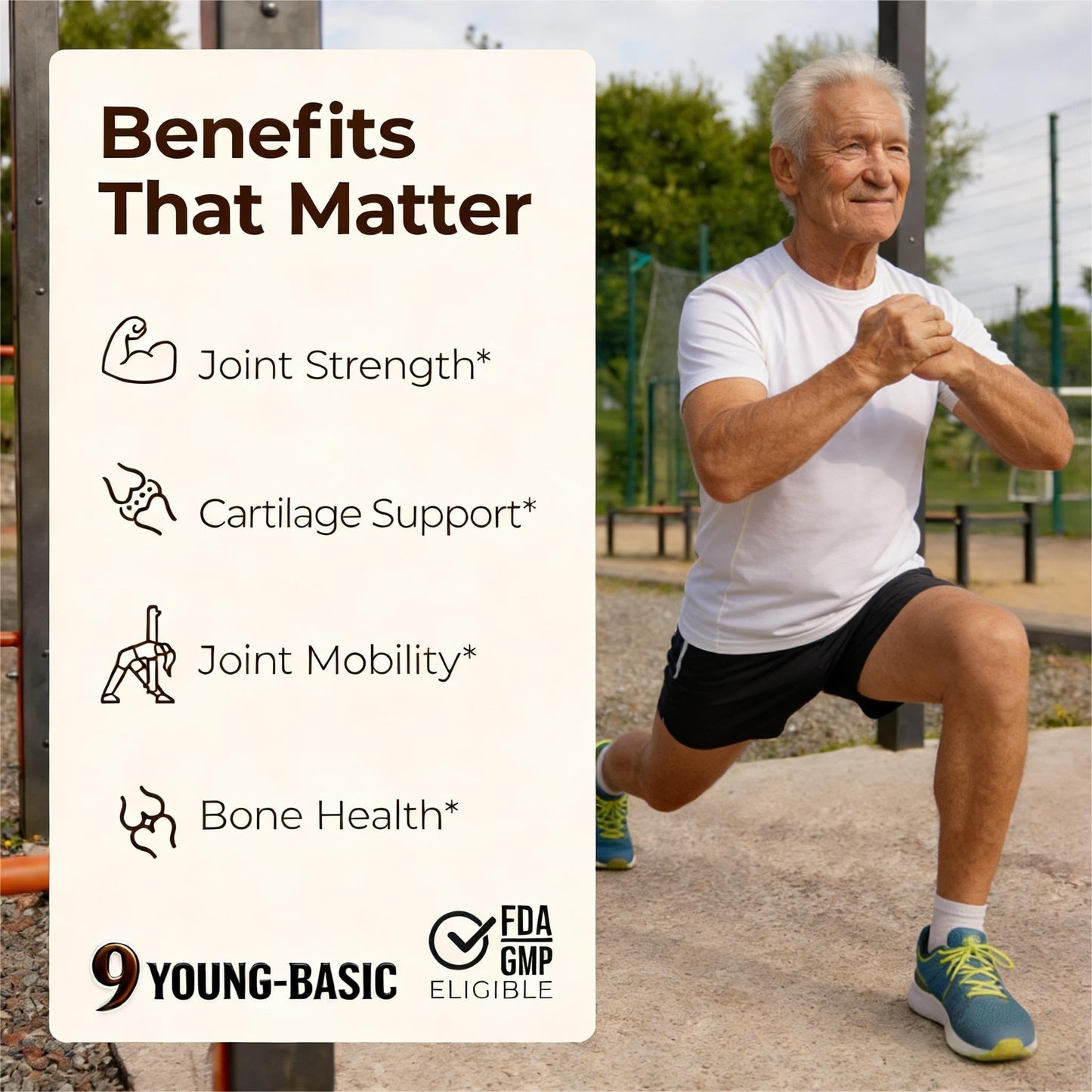 9 Young Basic joint support formula containing calcium and vitamin D3 supplement facts panel