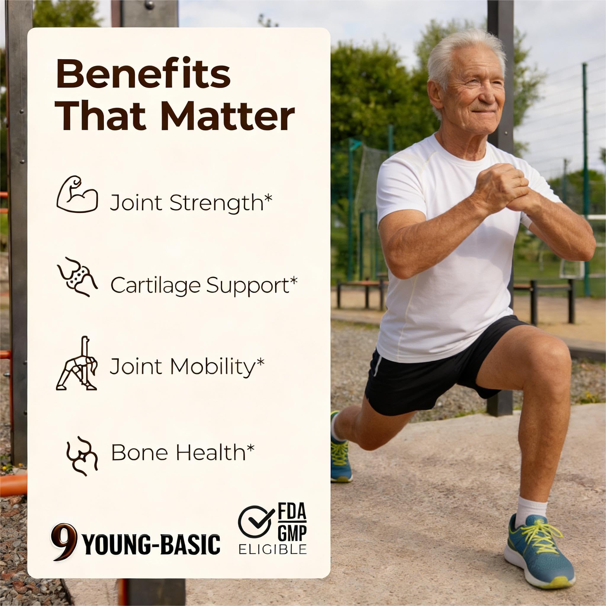 9 Young Basic joint support formula containing calcium and vitamin D3 supplement facts panel