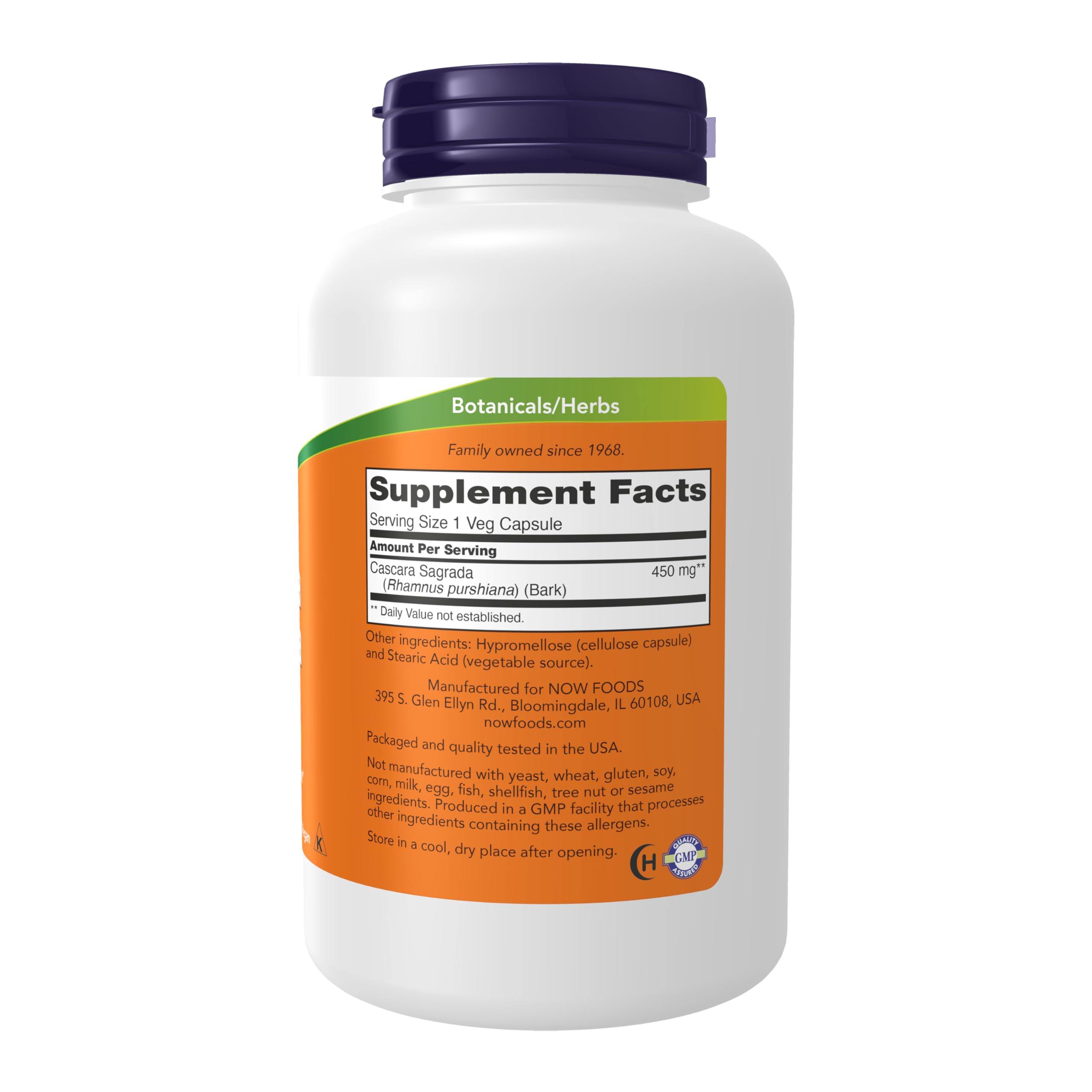 Side angle of NOW Foods Cascara Sagrada bottle showing the supplement facts and nutritional label panel.