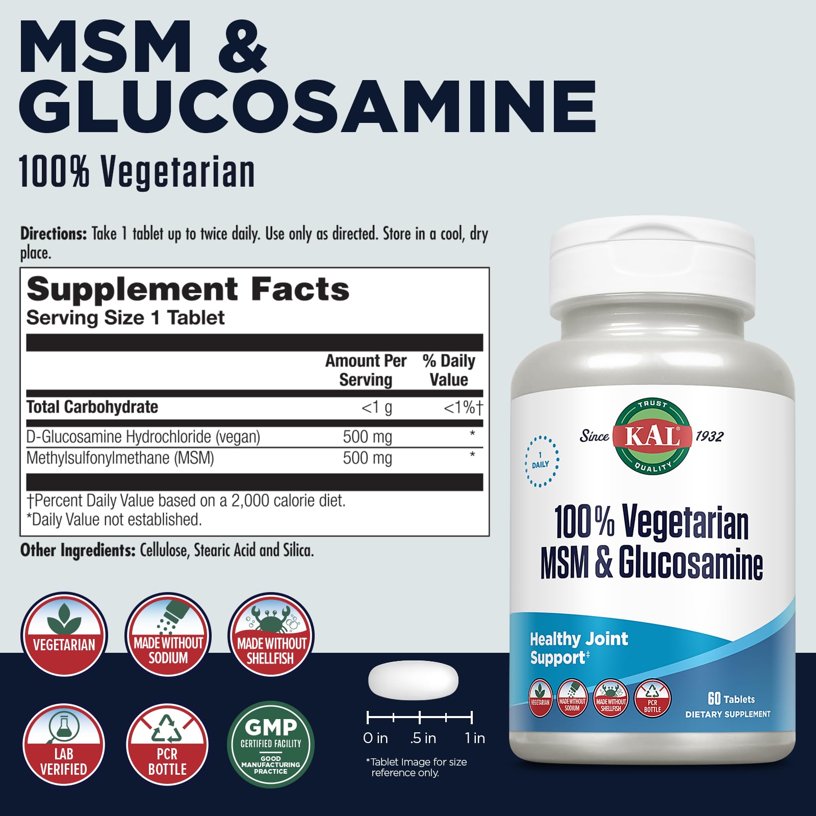 KAL vegan glucosamine and MSM tablets for healthy joint function and flexibility