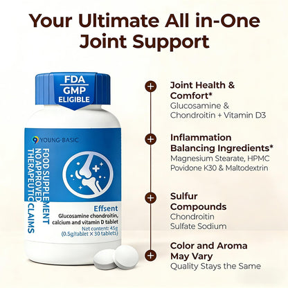 9 Young Basic premium glucosamine chondroitin dietary supplement bottle showing usage instructions