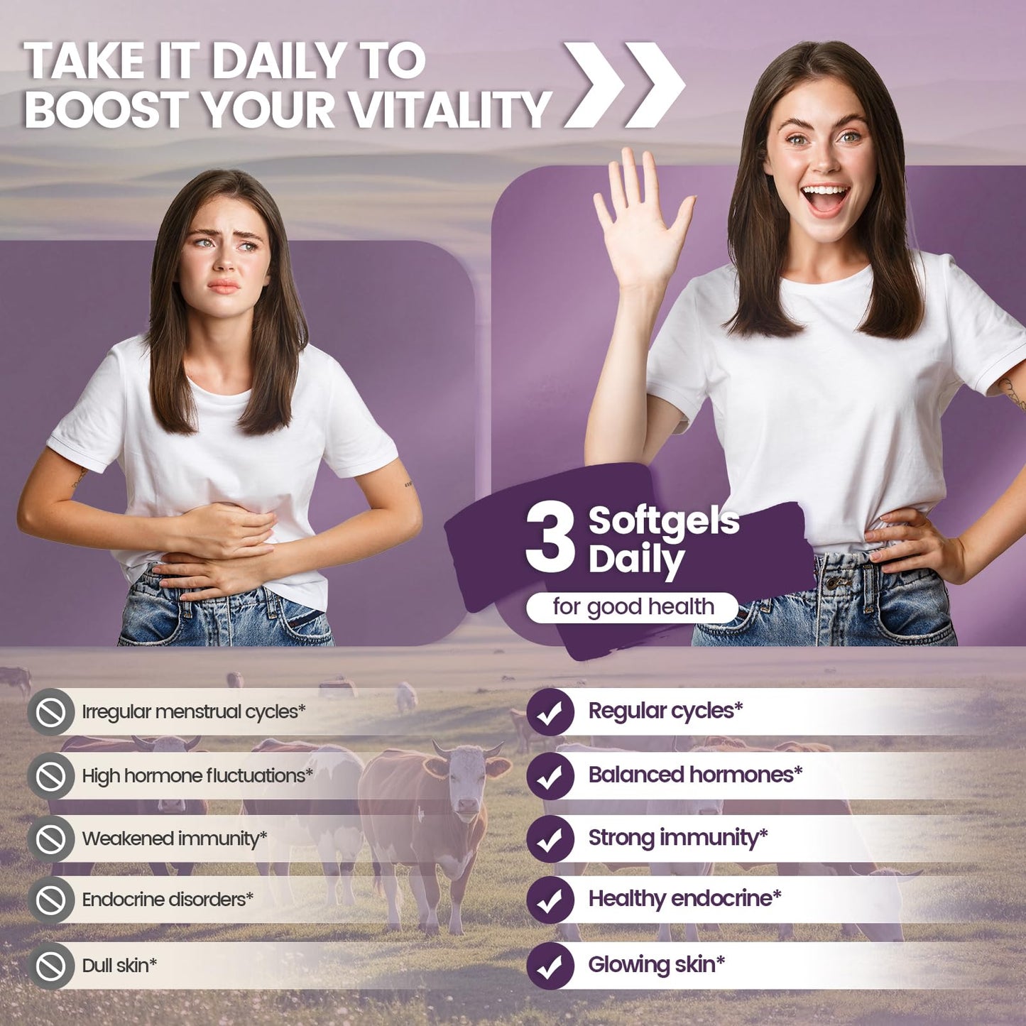 Close up of 300 softgel bottle for women's wellness
