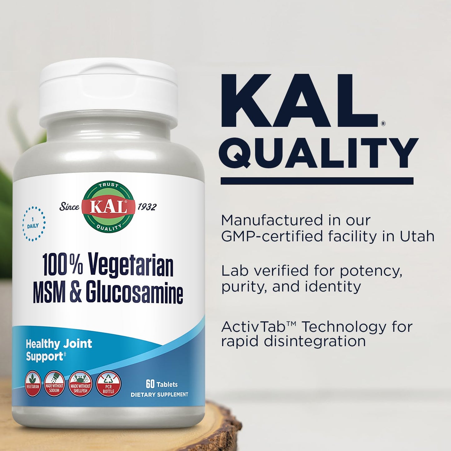 KAL shellfish free joint support formula with organic sulfur and ActivTab technology