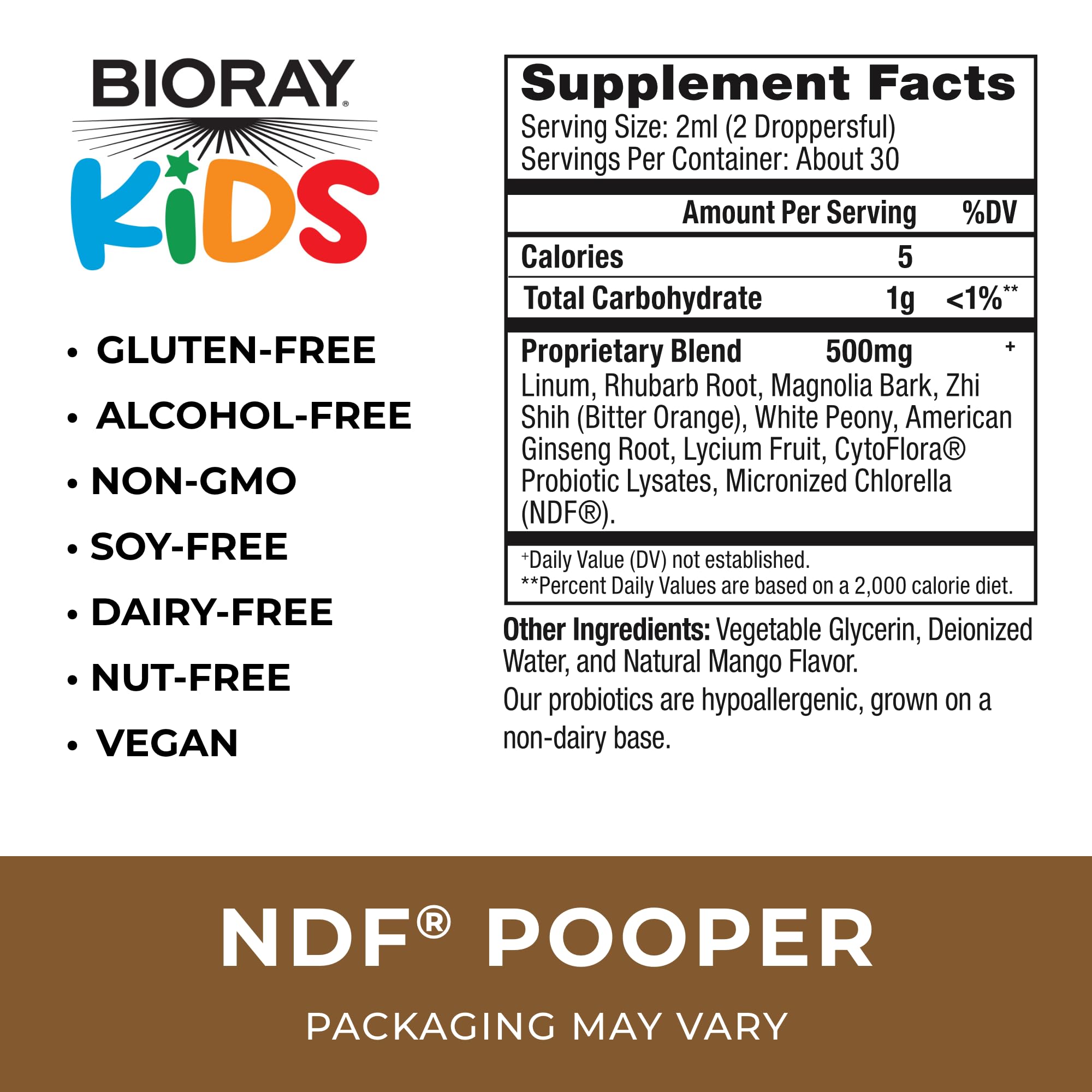 Bioray Kids NDF Pooper liquid bowel mover bottle label details