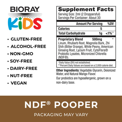Bioray Kids NDF Pooper liquid bowel mover bottle label details