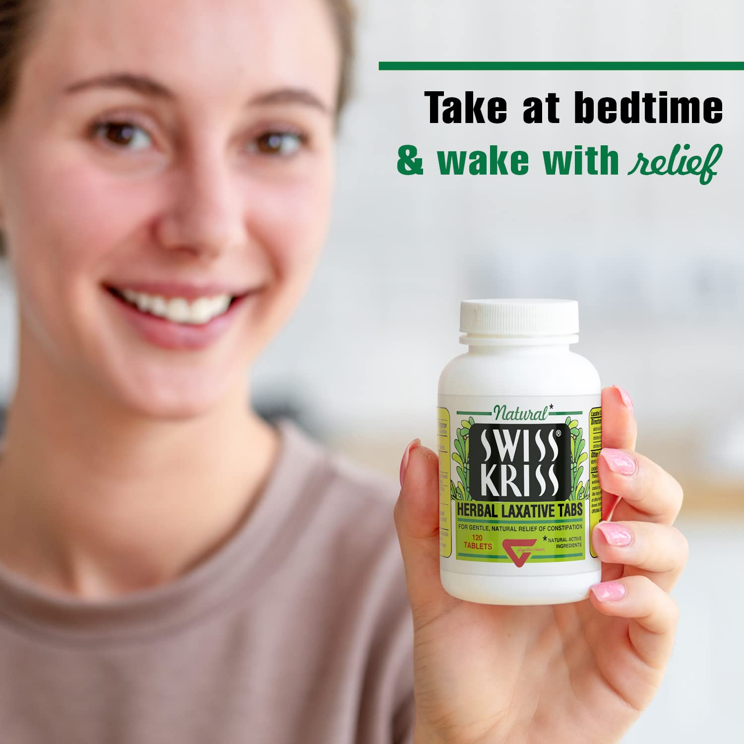 Close up of Swiss Kriss natural laxative bottle
