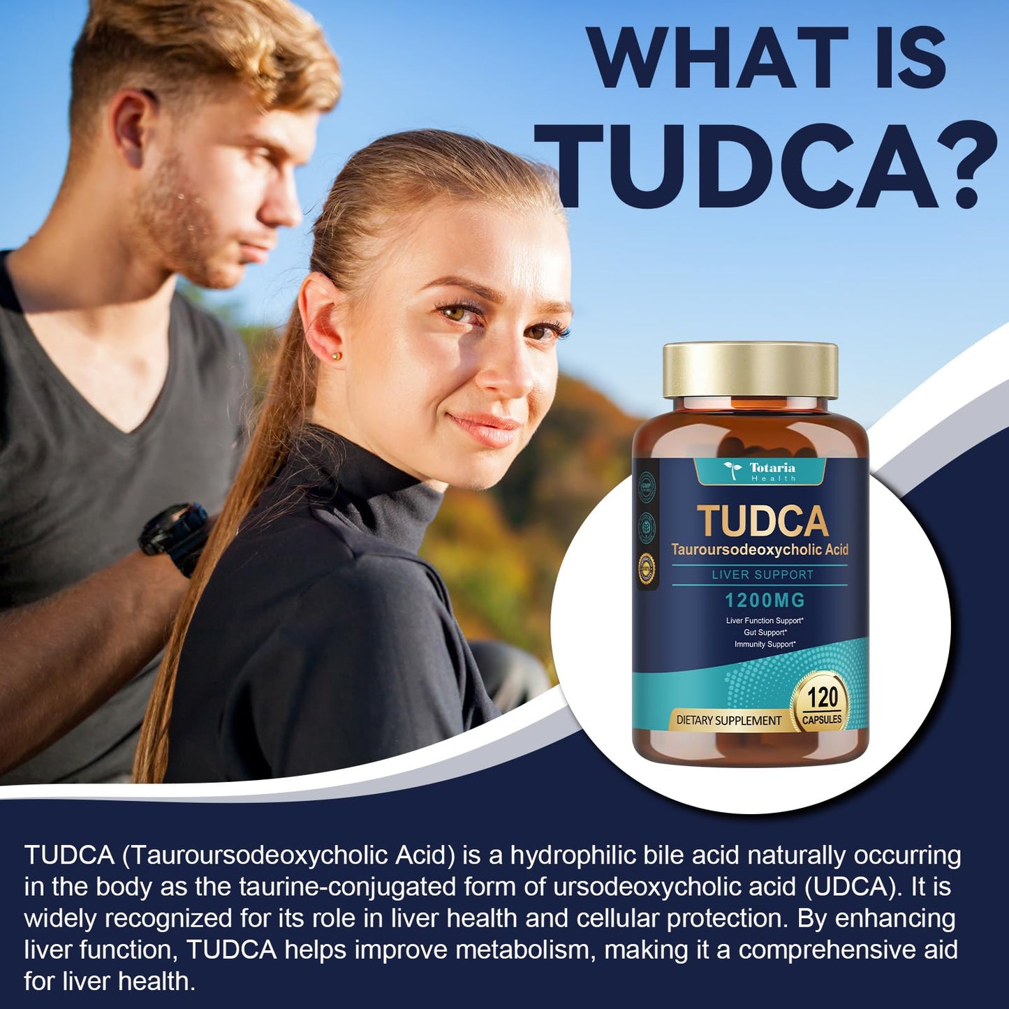 Totaria Tauroursodeoxycholic Acid 1200mg supplement bottle showing side label facts